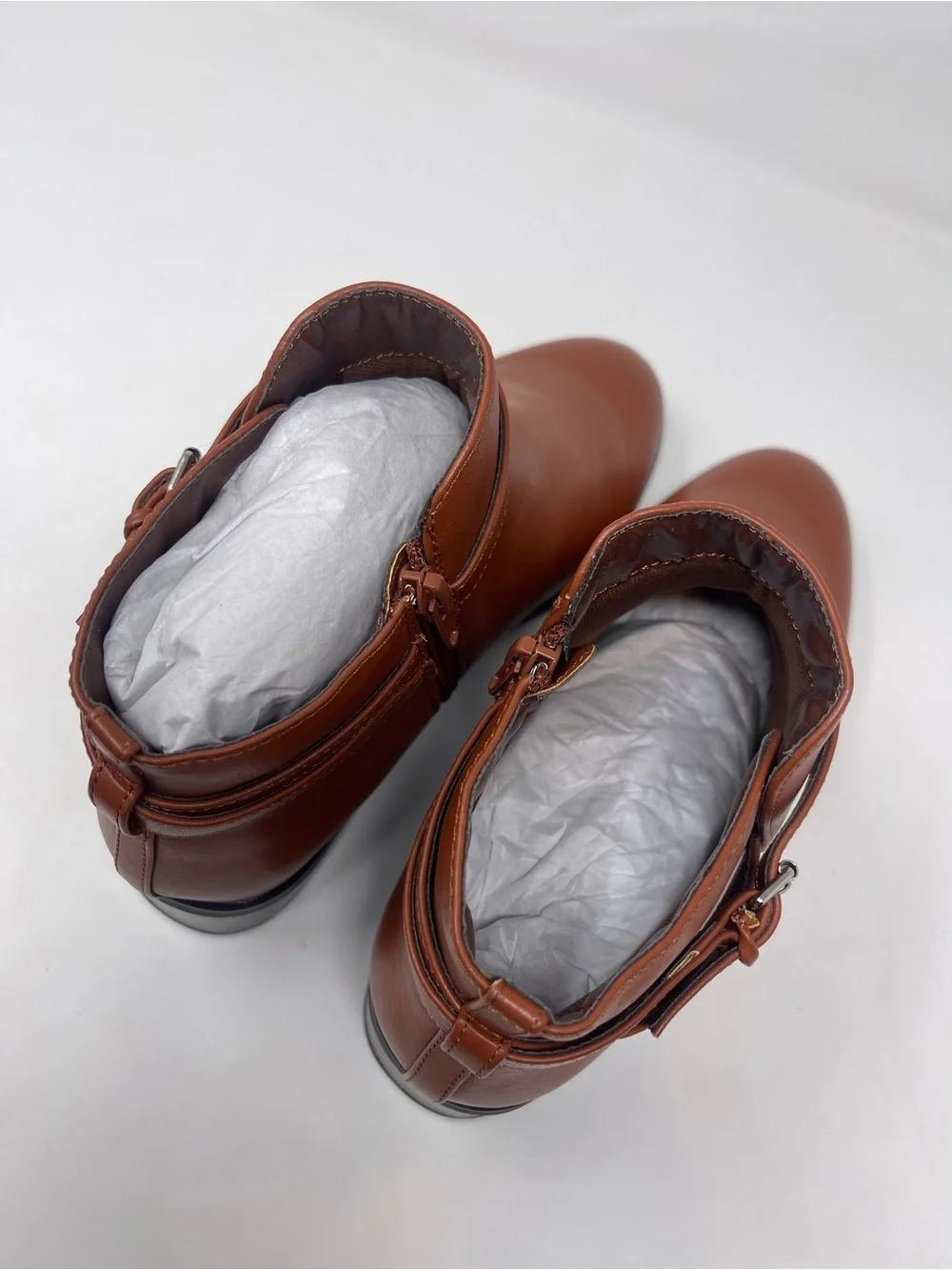 Ashro Menna Ankle Boots Womens‎ Size 8 Brown Luggage Faux Leather Buckle Zip New